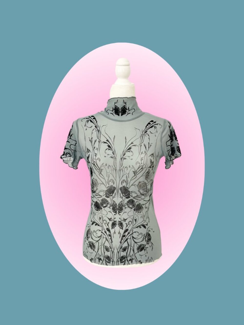 vintage widow sheer teal mock neck tee with black velour floral graphics